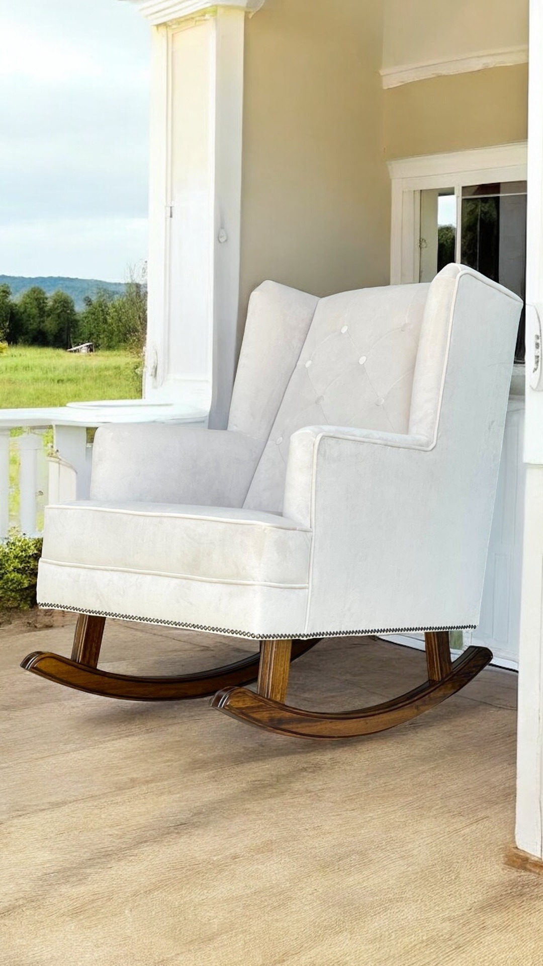 White rocking chair reupholstered by Red Kite Furniture