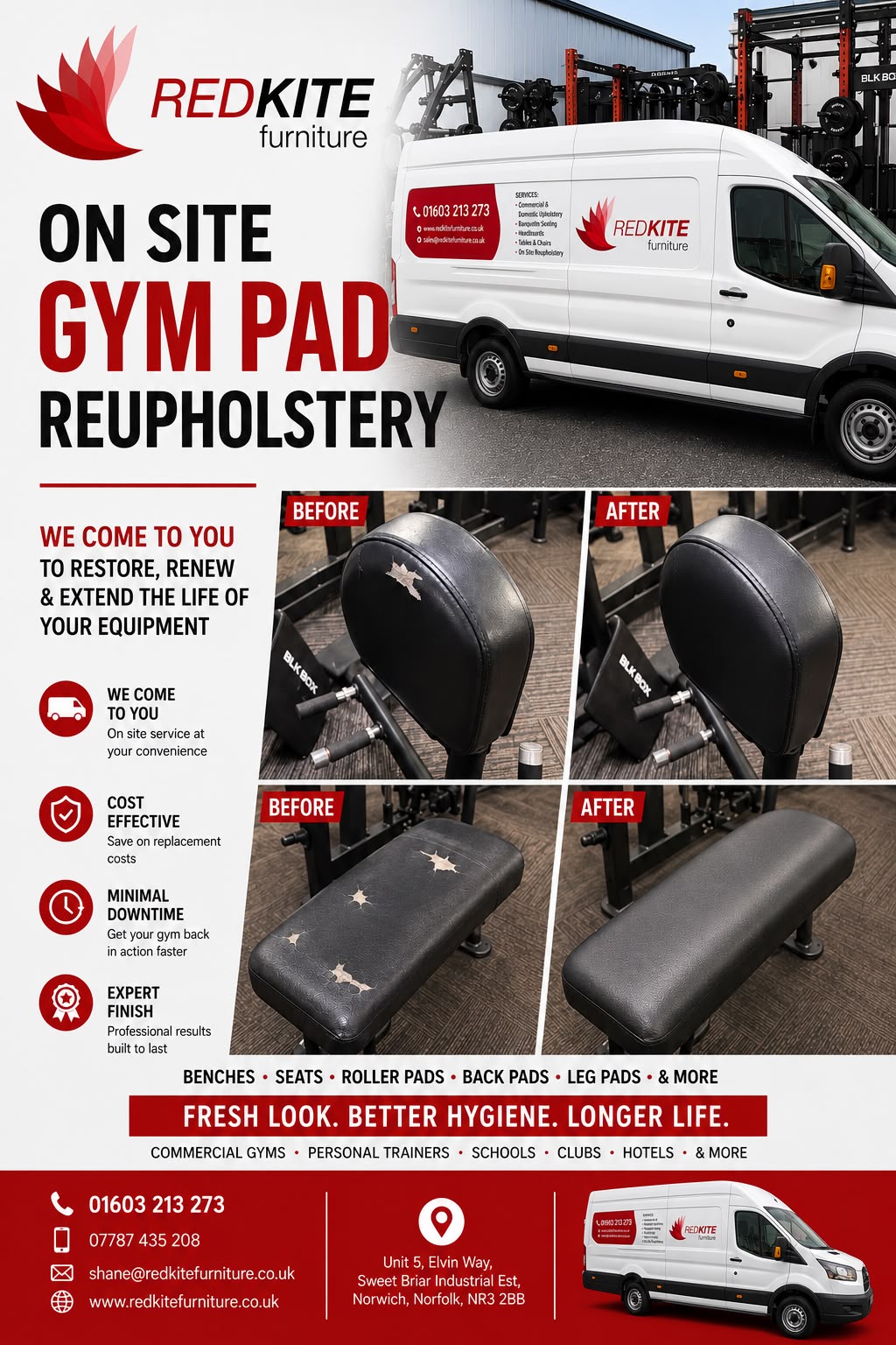 Before and after on-site gym pad reupholstery by Red Kite Furniture, showing torn bench and back pads recovered in new black vinyl