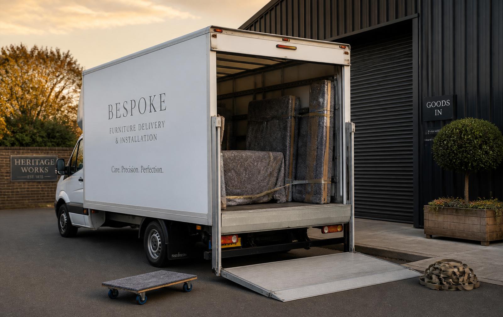 Bespoke furniture wrapped in padded blankets and loaded into a Luton delivery van, ready for UK-wide delivery and installation by Red Kite Furniture