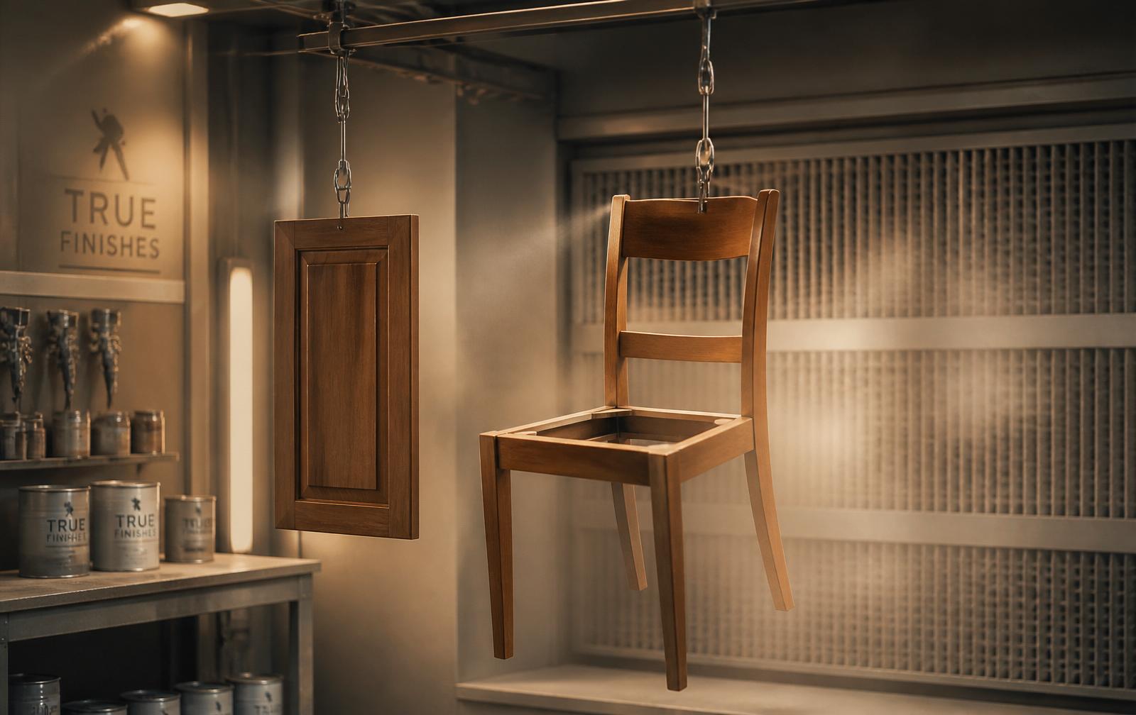 Freshly lacquered chair frame and cabinet door hanging inside a professional spray-finishing booth at the Red Kite Furniture workshop